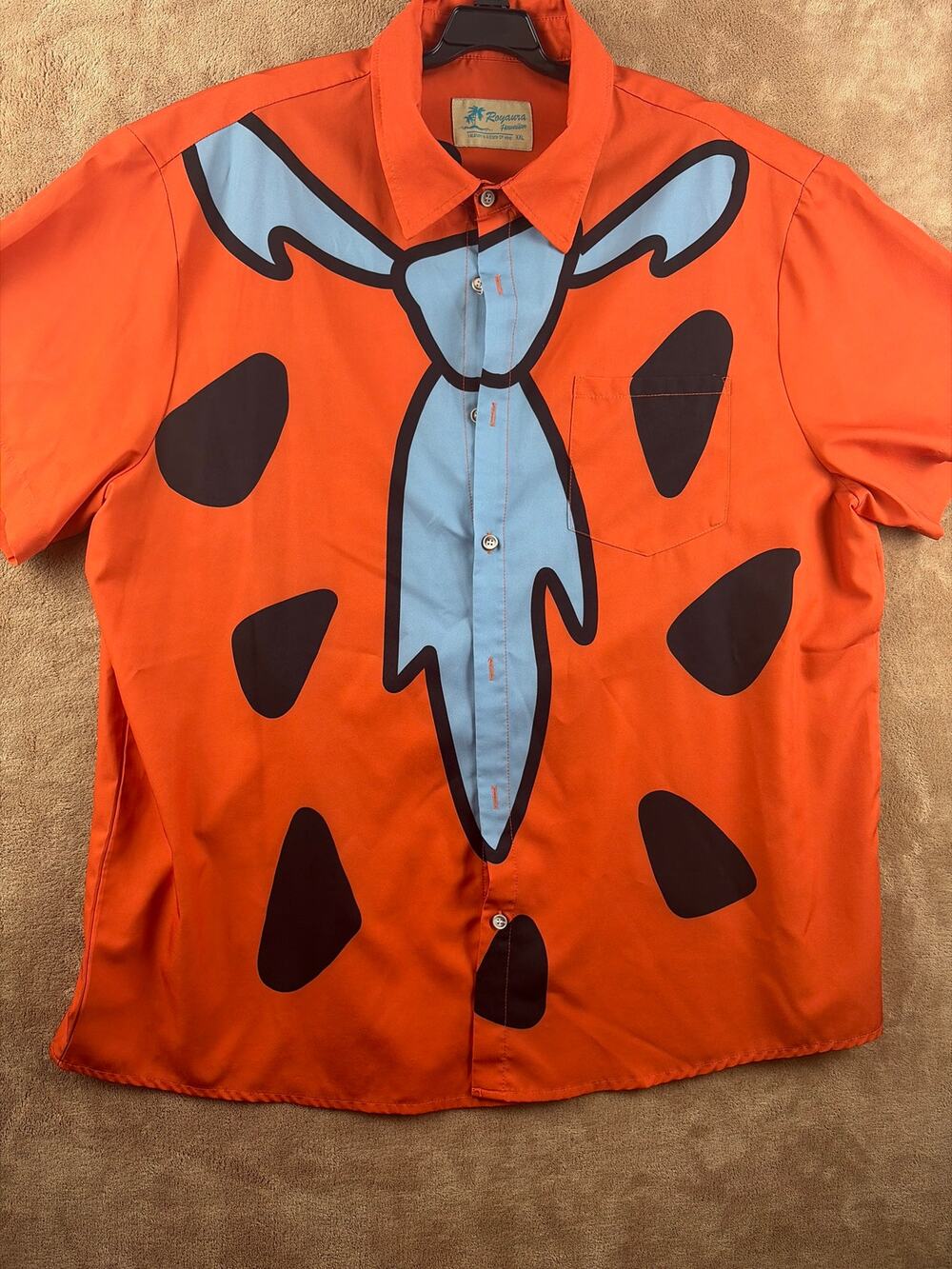 Fred Flintstone Costume Hawaiian Shirt Men XXL Orange Blue Tie Cosplay Button Up